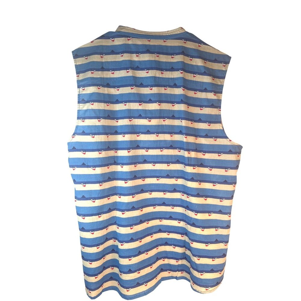2/$30 Pretty Vacant 4XL Sleeveless Button-Up Shirt Blue Beige Print Cotton Blend - Picture 4 of 16